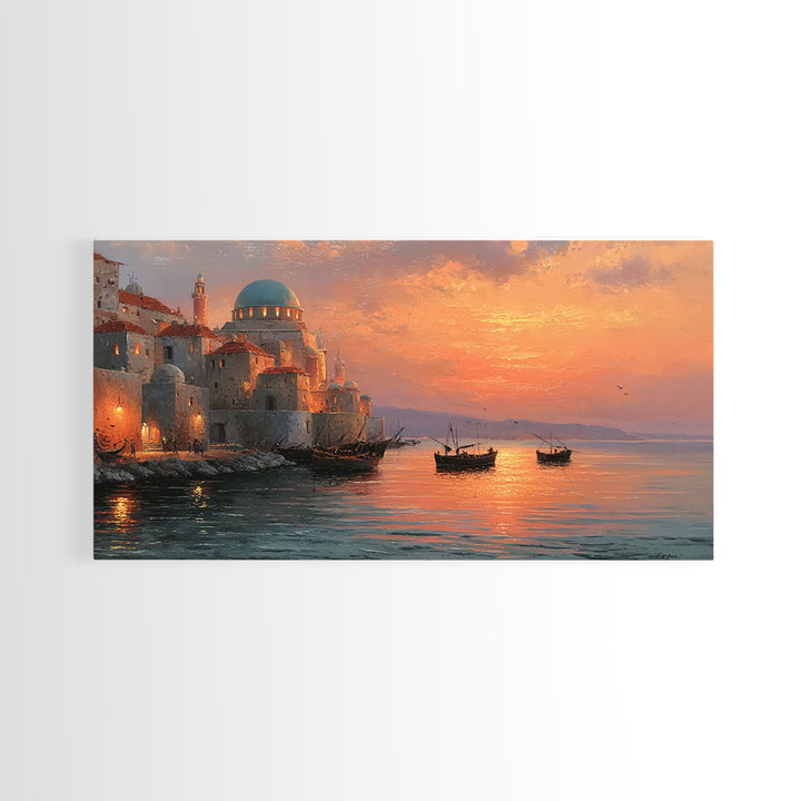 Mediterranean Dome Harbor Sunset Canvas Print, Coastal Wall Art, Italian Seascape Decor, Boats Over Water, Travel Gift Idea