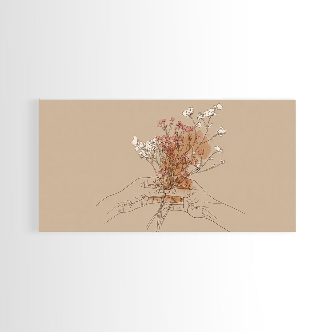 Hands Holding Wildflowers Wall Art, Minimal Line Art Canvas Print, Neutral Botanical Decor, Feminine Bedroom Gift For Her