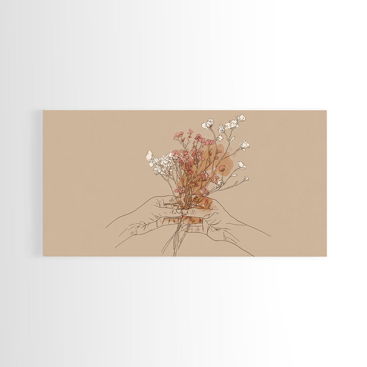 Hands Holding Wildflowers Wall Art, Minimal Line Art Canvas Print, Neutral Botanical Decor, Feminine Bedroom Gift For Her