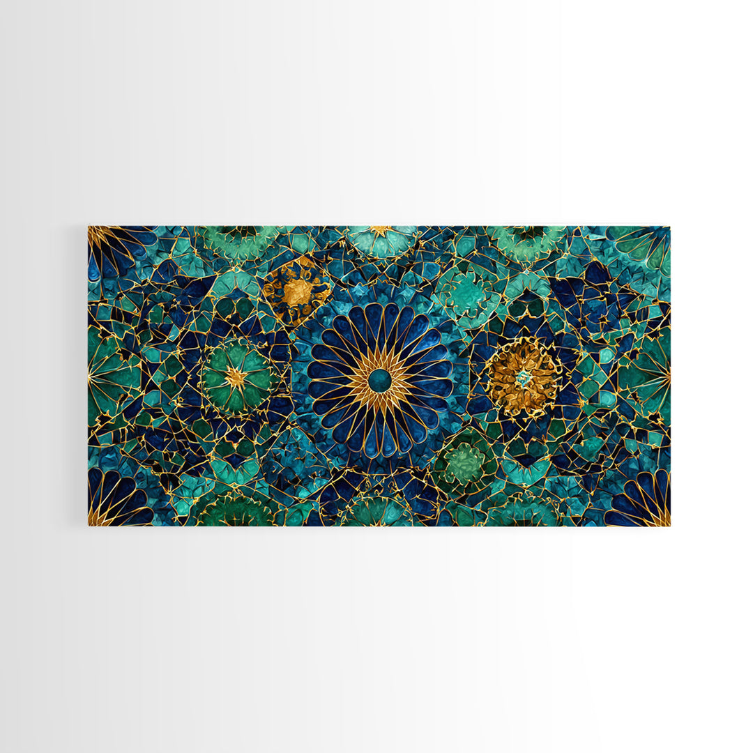 Teal Gold Floral Mosaic Canvas Print, Moroccan Wall Art, Geometric Pattern Decor, Mediterranean Tile Gift For Her, Luxury Home Decor