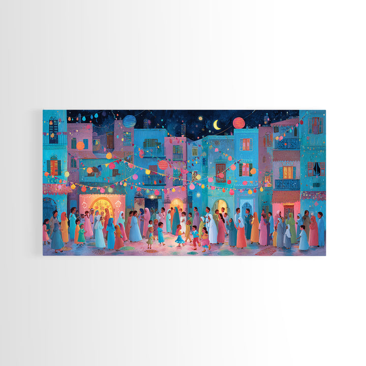 Colorful Moonlit Wedding Street Wall Art, Mediterranean Festival Canvas Print, Dopamine Decor, Joyful Village Poster Gift