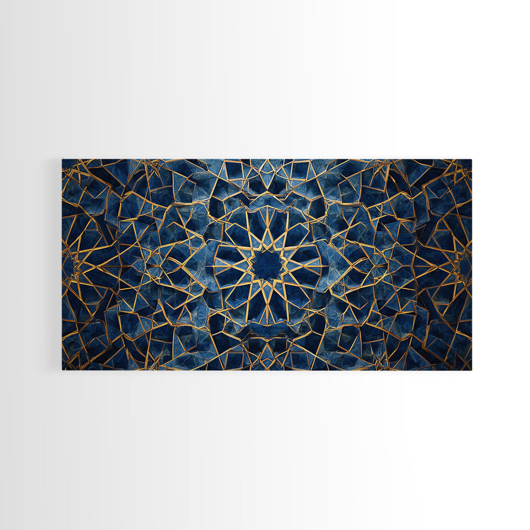 Blue Gold Islamic Geometric Wall Art, Sacred Pattern Canvas Print, Moroccan Tile Decor For Modern Living Room Home Decor Gift