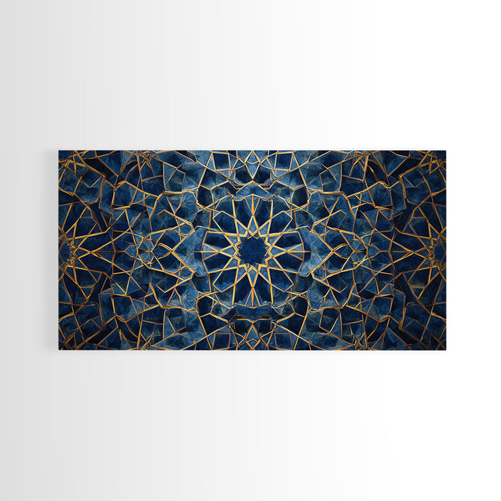 Blue Gold Islamic Geometric Wall Art, Sacred Pattern Canvas Print, Moroccan Tile Decor For Modern Living Room Home Decor Gift