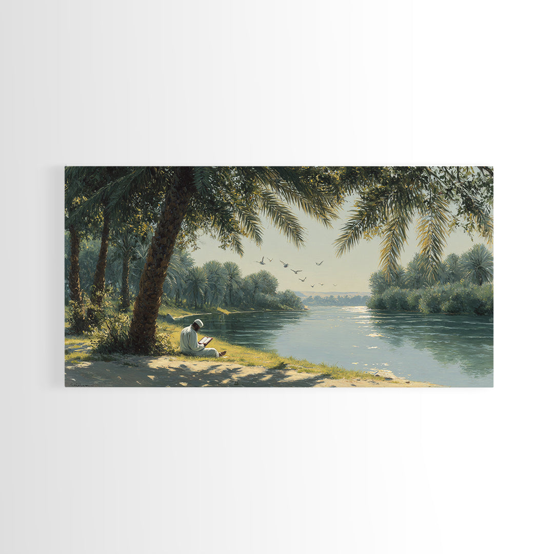 Palm Shaded River Reader Canvas Print, Serene Tropical Landscape Wall Art, Coastal Home Decor, Office Decor, Housewarming Gift For Her