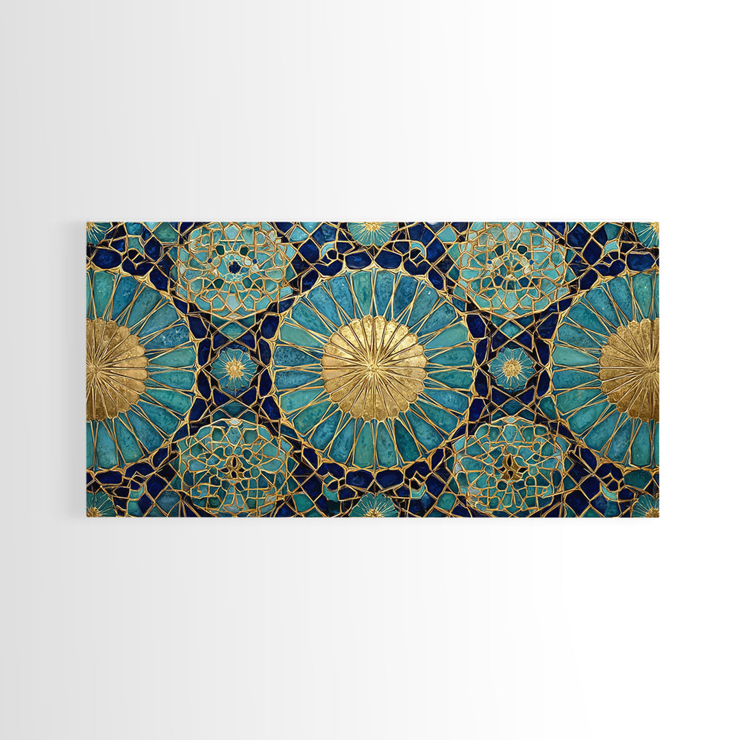 Teal And Gold Islamic Geometric Mosaic Wall Art, Moroccan Decor, Arabic Pattern Art, Spiritual Canvas Print, Luxury Home Decor