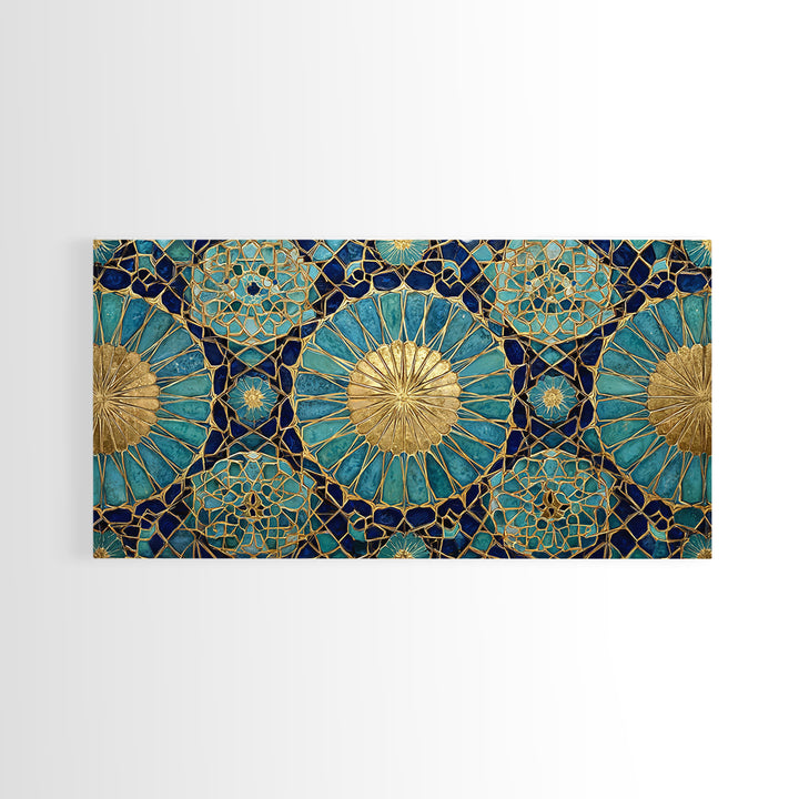Teal And Gold Islamic Geometric Mosaic Wall Art, Moroccan Decor, Arabic Pattern Art, Spiritual Canvas Print, Luxury Home Decor