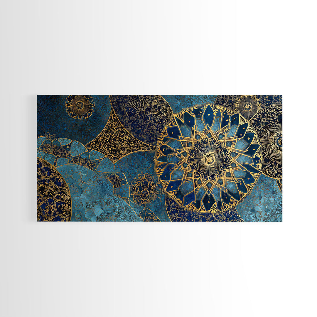 Blue Gold Islamic Mandala Wall Art, Moroccan Geometric Canvas Print, Arabic Home Decor, Large Living Room Wall Decor, Gift