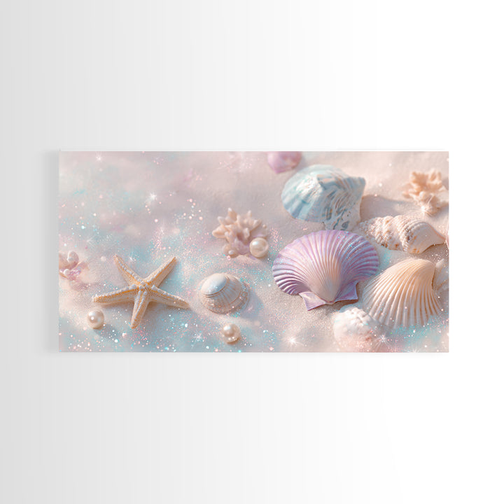 Pastel Seashells And Starfish Canvas Print, Coastal Beach Wall Art, Beach House Decor, Pastel Bathroom Decor, Ocean Nursery Gift For Her