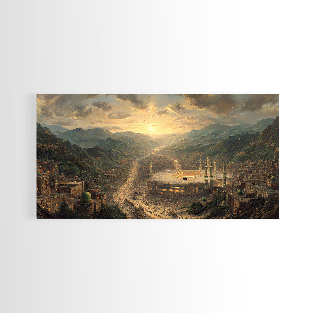 Mecca Sunset Valley And Holy Mosque Canvas Print, Islamic Wall Art, Panoramic Landscape Art For Prayer Room Decor Gift Idea