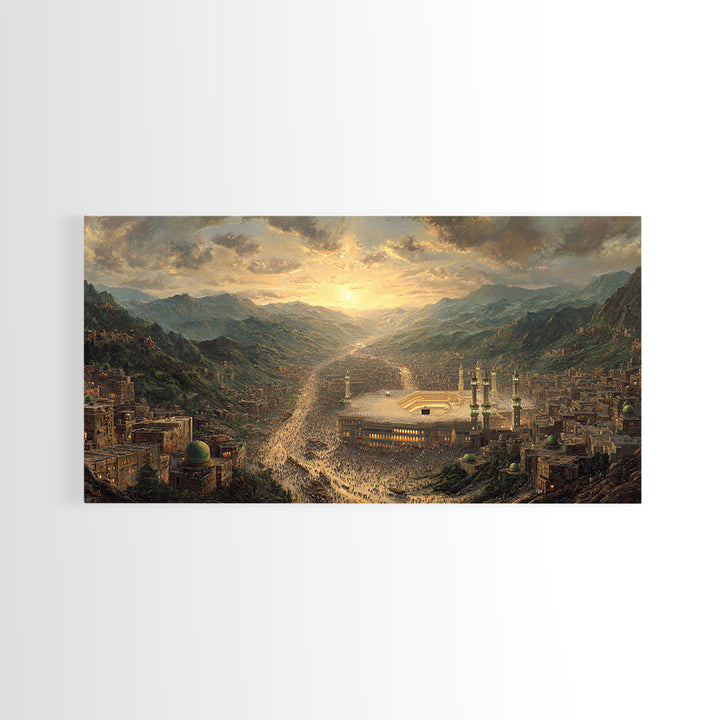 Mecca Sunset Valley And Holy Mosque Canvas Print, Islamic Wall Art, Panoramic Landscape Art For Prayer Room Decor Gift Idea