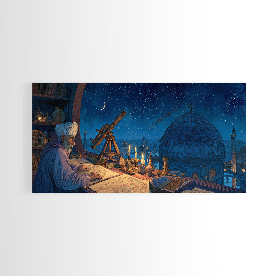 Starlit Astronomer Observatory Canvas Print, Islamic Architecture Wall Decor, Celestial Night Sky Art For Study Room And Office Decor