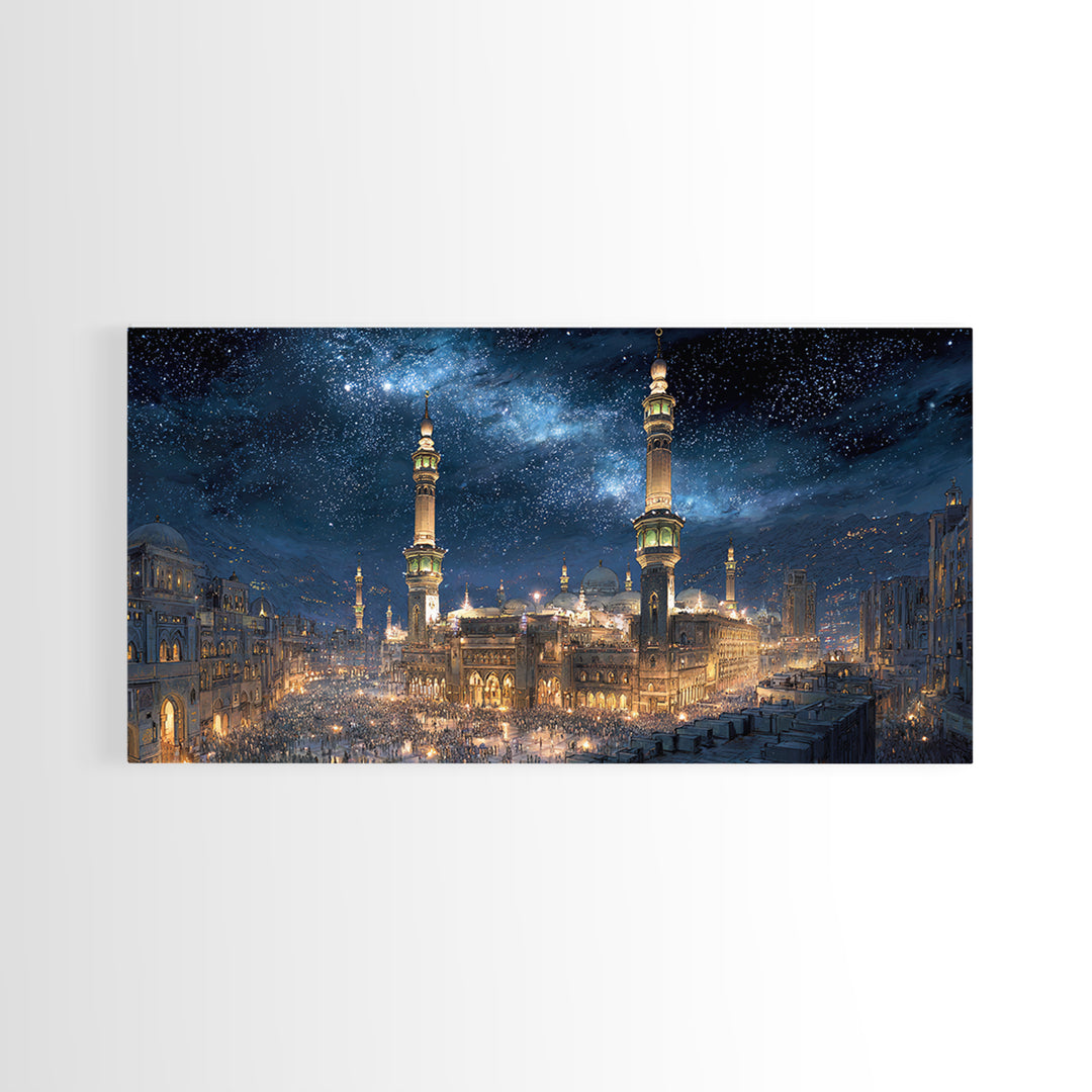 Starry Mecca Minarets At Night Wall Art, Islamic Framed Canvas Print, Celestial City Decor For Prayer Room And Living Room
