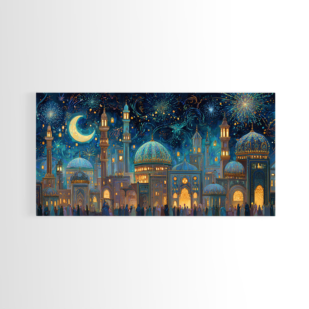 Festive Islamic City With Crescent Moon Framed Canvas Print, Ramadan Wall Art, Moroccan Decor, Eid Gift, Celestial Poster