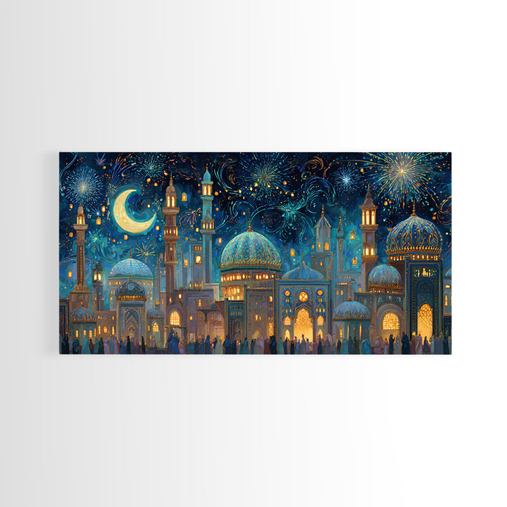 Festive Islamic City With Crescent Moon Framed Canvas Print, Ramadan Wall Art, Moroccan Decor, Eid Gift, Celestial Poster