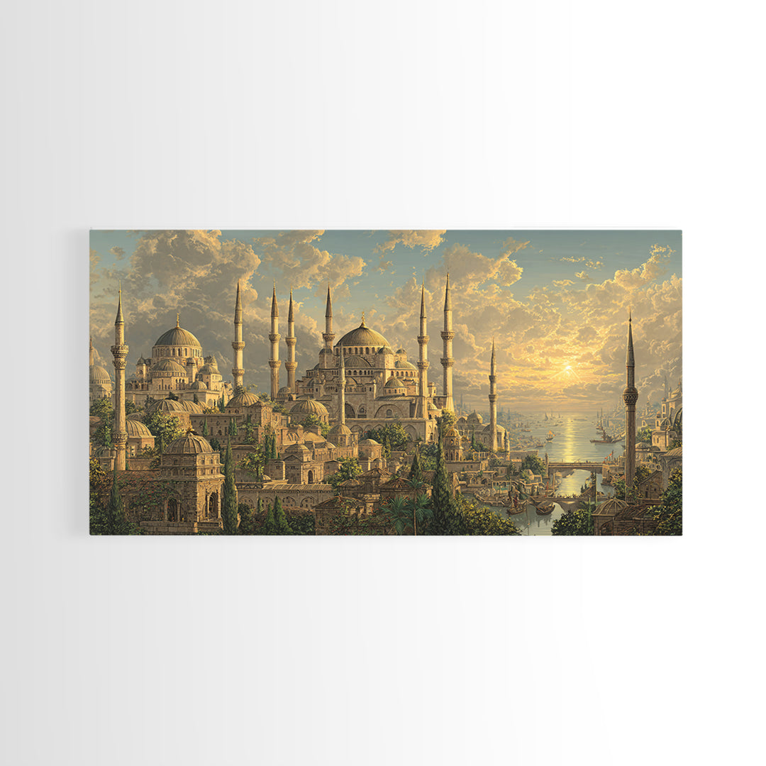 Golden Istanbul Mosque Skyline At Sunset Canvas Print, Islamic Architecture Wall Art, Travel Poster, Elegant Home Decor Gift