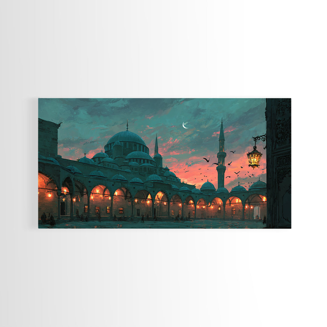 Twilight Mosque Courtyard Framed Canvas Print, Islamic Architecture Wall Art, Istanbul Travel Poster And Prayer Room Decor