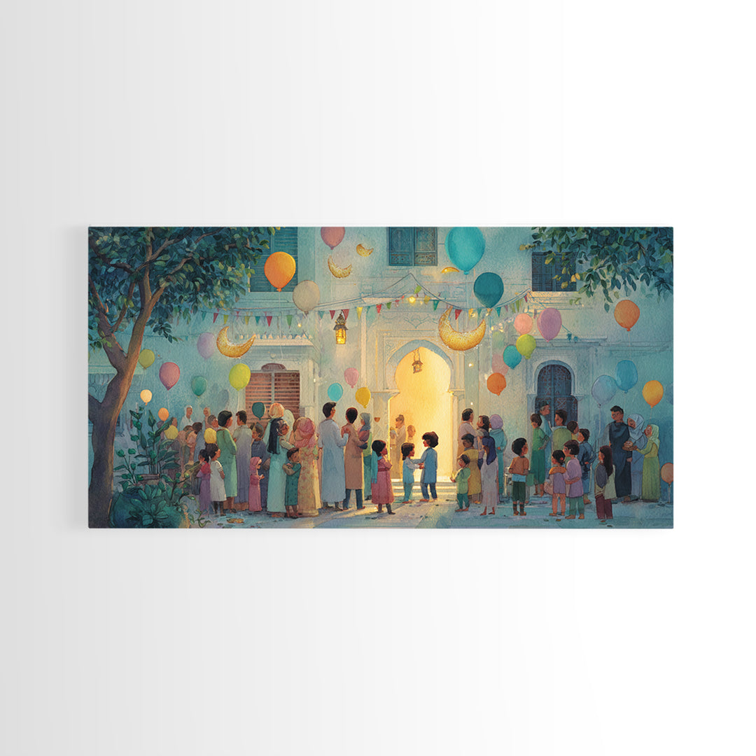 Ramadan Courtyard Celebration With Balloons Wall Art, Islamic Home Decor, Family Gathering Print, Eid Housewarming Gift Idea