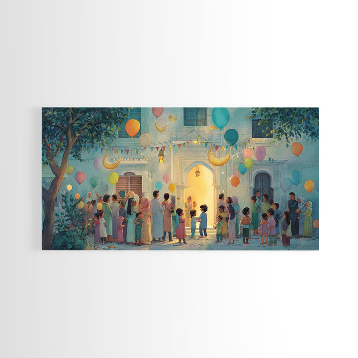 Ramadan Courtyard Celebration With Balloons Wall Art, Islamic Home Decor, Family Gathering Print, Eid Housewarming Gift Idea