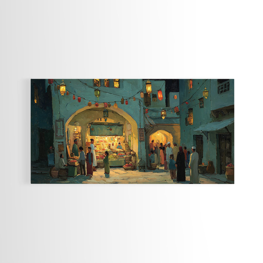 Middle Eastern Night Bazaar Wall Art, Glowing Shopfront Alley Scene, Moroccan Decor, Islamic Home Decor, Housewarming Gift