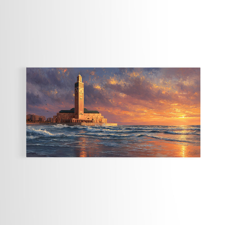 Casablanca Mosque Sunset Wall Art, Moroccan Coastal Seascape Canvas Print, Islamic Architecture, Ocean Decor For Living Room