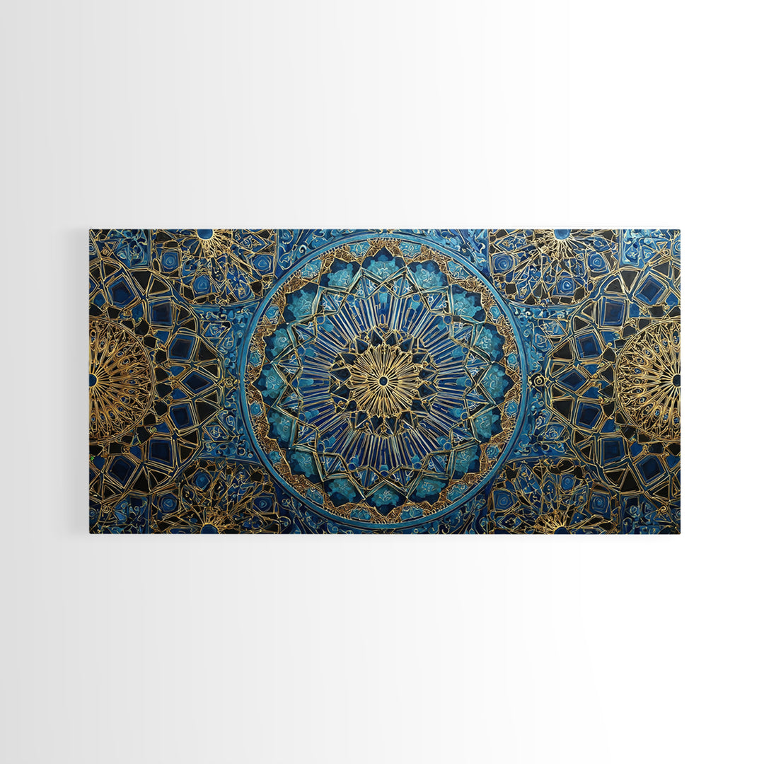 Blue Gold Islamic Geometric Wall Art, Moroccan Mosaic Canvas Print, Sacred Geometry Decor, Luxury Prayer Room Wall Decor