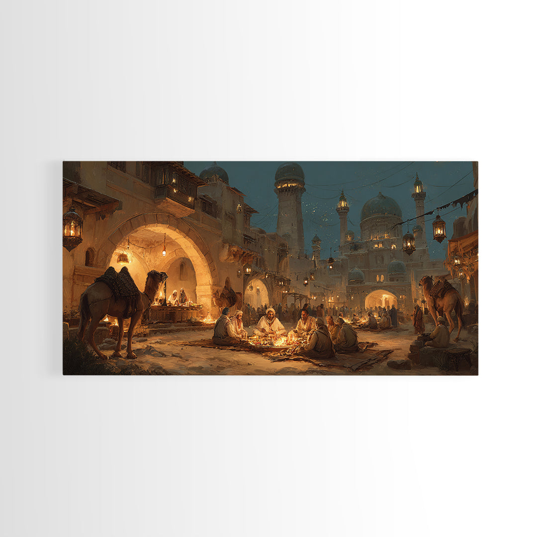 Arabian Night Market With Camels Wall Art, Middle Eastern Cityscape Canvas Print, Warm Lantern Decor, Travel Gift For Living Room