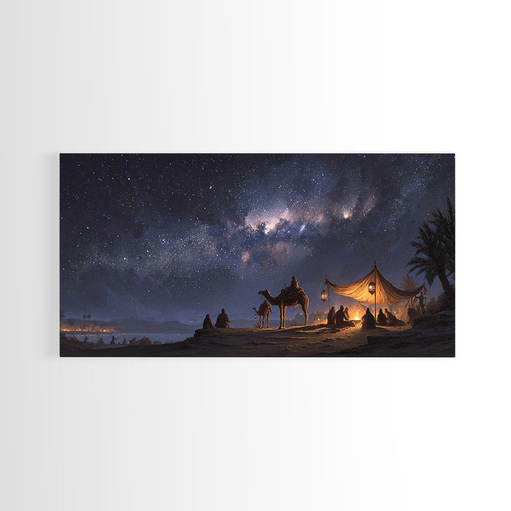 Milky Way Desert Camp Wall Art, Camel Tent Night Sky Canvas Print, Celestial Landscape, Boho Travel Home Decor Gift For Her