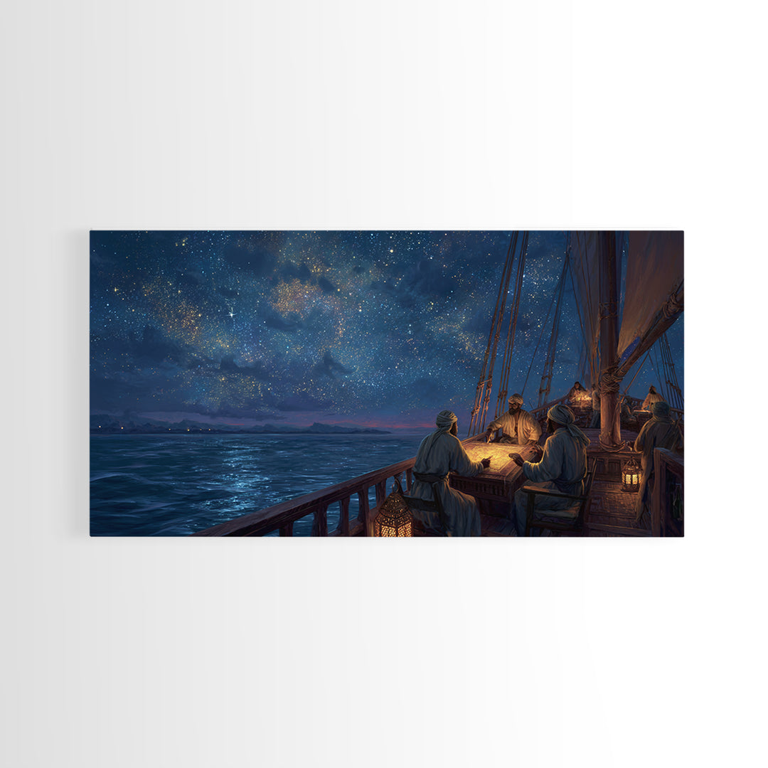 Starlit Sailing Ship Canvas Print, Nautical Night Sky Seascape, Celestial Ocean Decor, Maritime Travel Art, Gift For Him