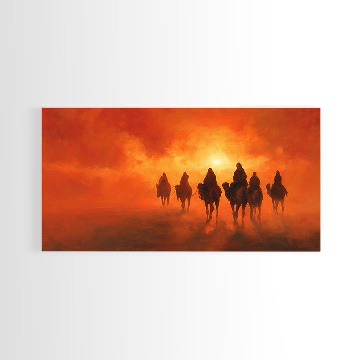 Desert Riders At Blazing Sunset Framed Canvas Print, Western Wall Art, Cowboy Landscape For Rustic Southwestern Home Decor Gift