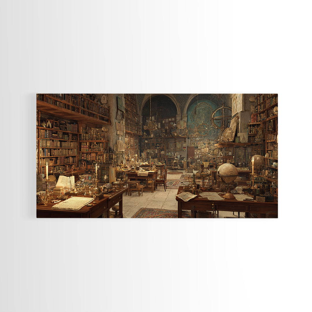 Ancient Library Alchemist Study Canvas Print, Dark Academia Wall Art, Gothic Library Decor, Book Lover Fantasy Art Print