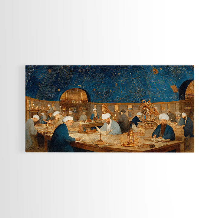 Starlit Islamic Observatory Wall Art, Scholars And Astrolabe Canvas, Arabic Astronomy Decor, Dark Academia Art Print Gift
