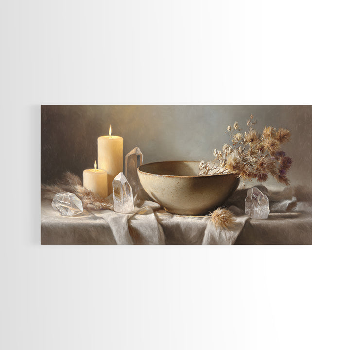 Candles Crystals And Ceramic Bowl Wall Art, Zen Spa Canvas Print, Neutral Still Life Decor, Meditation Room Housewarming Gift