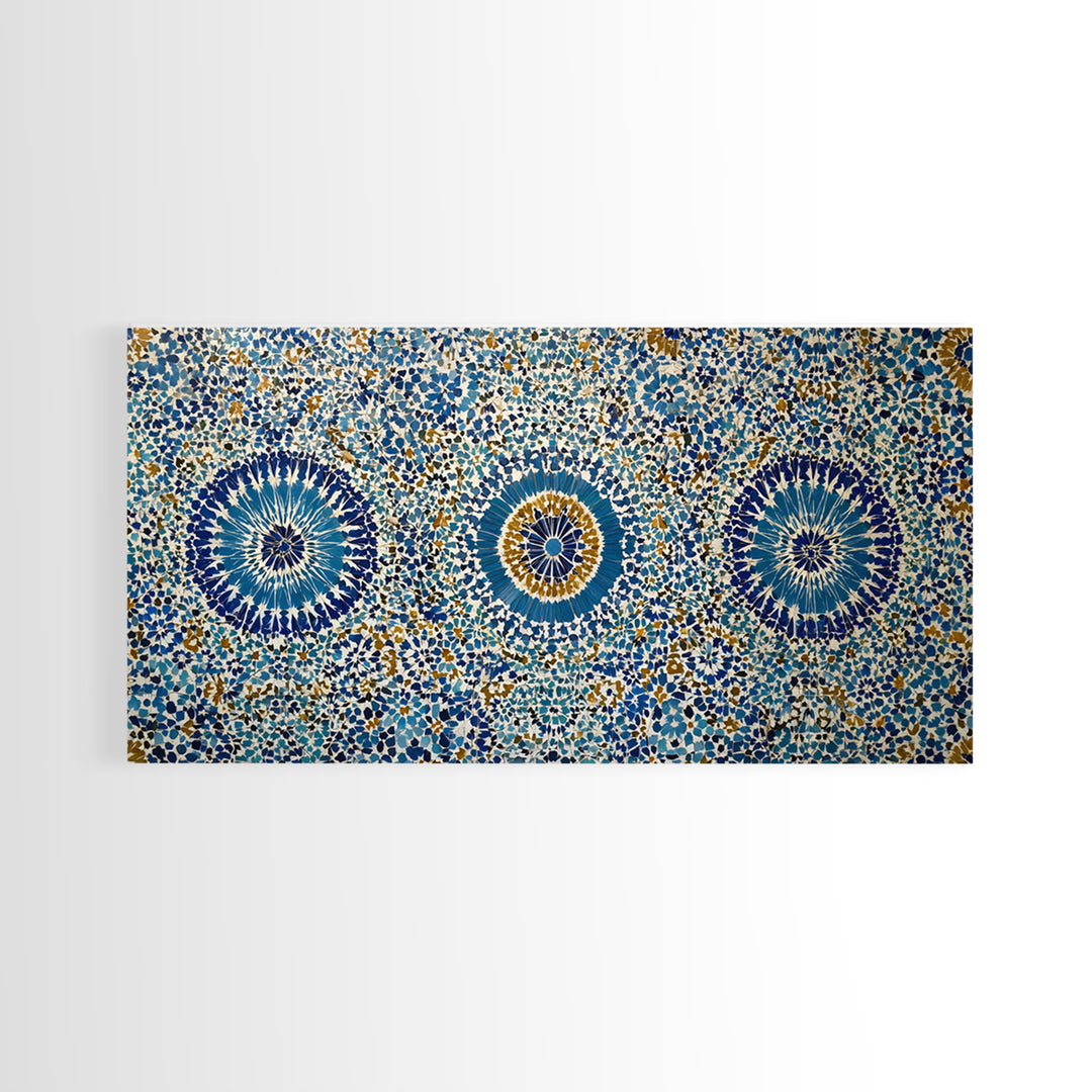Blue Moroccan Geometric Mosaic Wall Art, Islamic Tile Pattern Canvas Print, Mediterranean Decor, Boho Home Accent Gift Idea