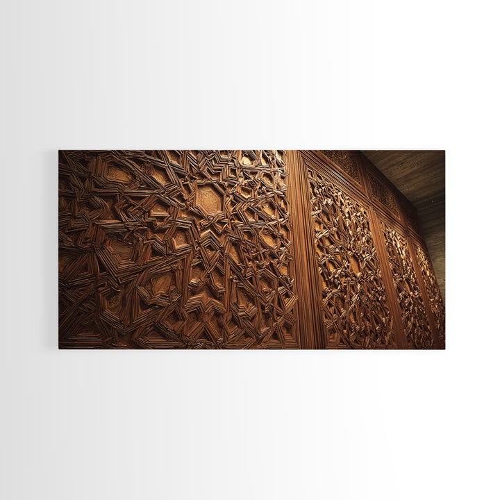 Ornate Islamic Geometric Wood Panel Framed Canvas Print, Moroccan Wall Art, Arabesque Pattern, Warm Rustic Home Decor Gift