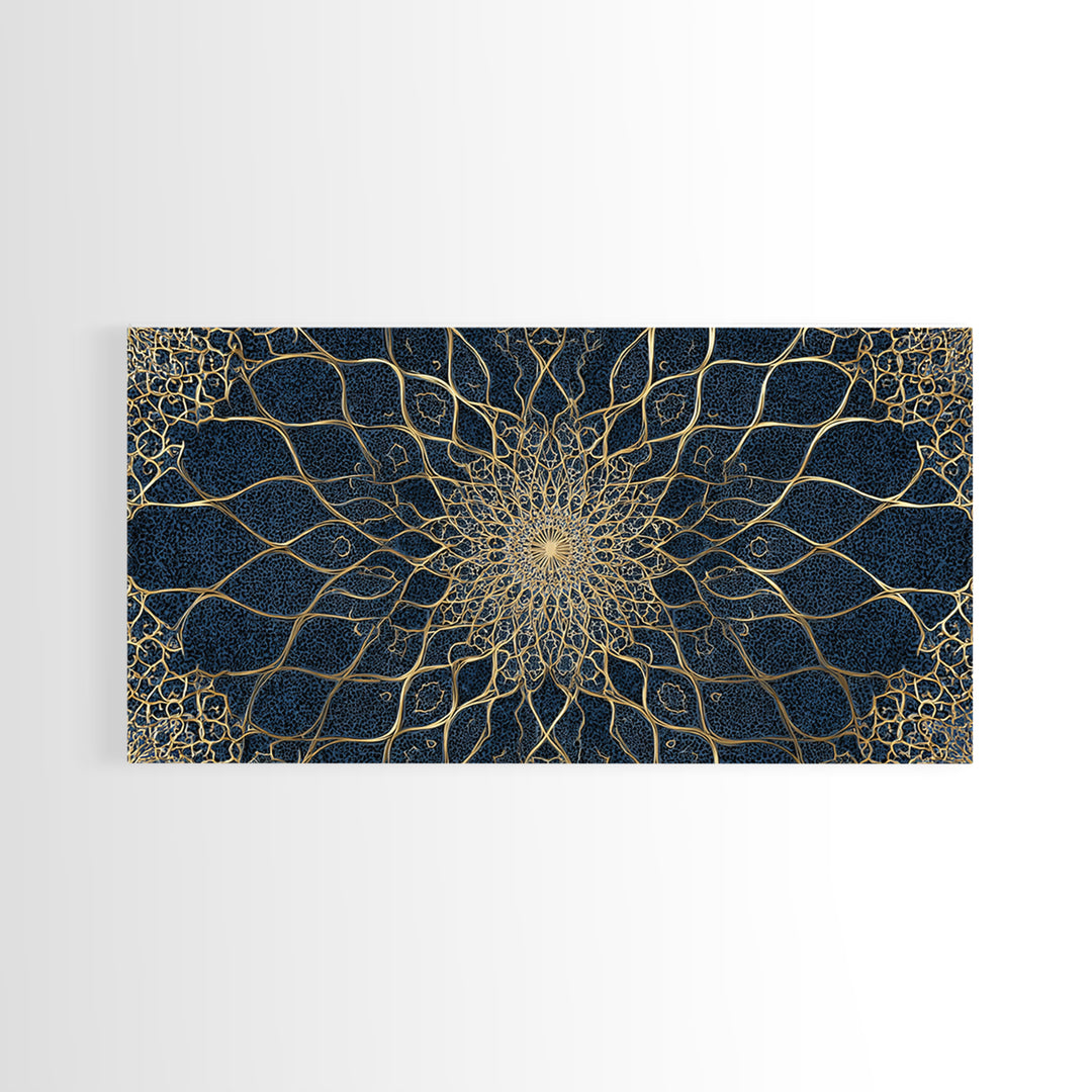 Navy Gold Sacred Geometry Mandala Wall Art, Mystical Spiritual Canvas Wall Art For Meditation Room Decor And Modern Home Decor