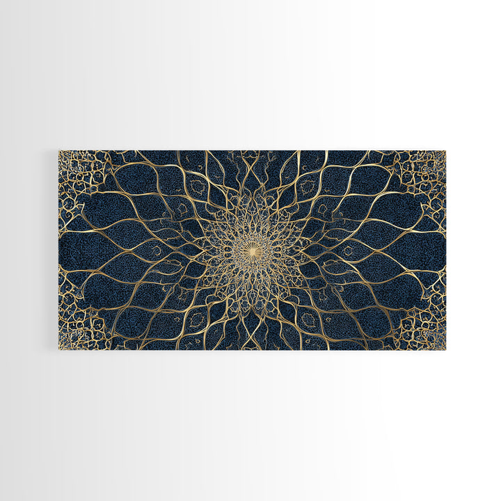 Navy Gold Sacred Geometry Mandala Wall Art, Mystical Spiritual Canvas Wall Art For Meditation Room Decor And Modern Home Decor