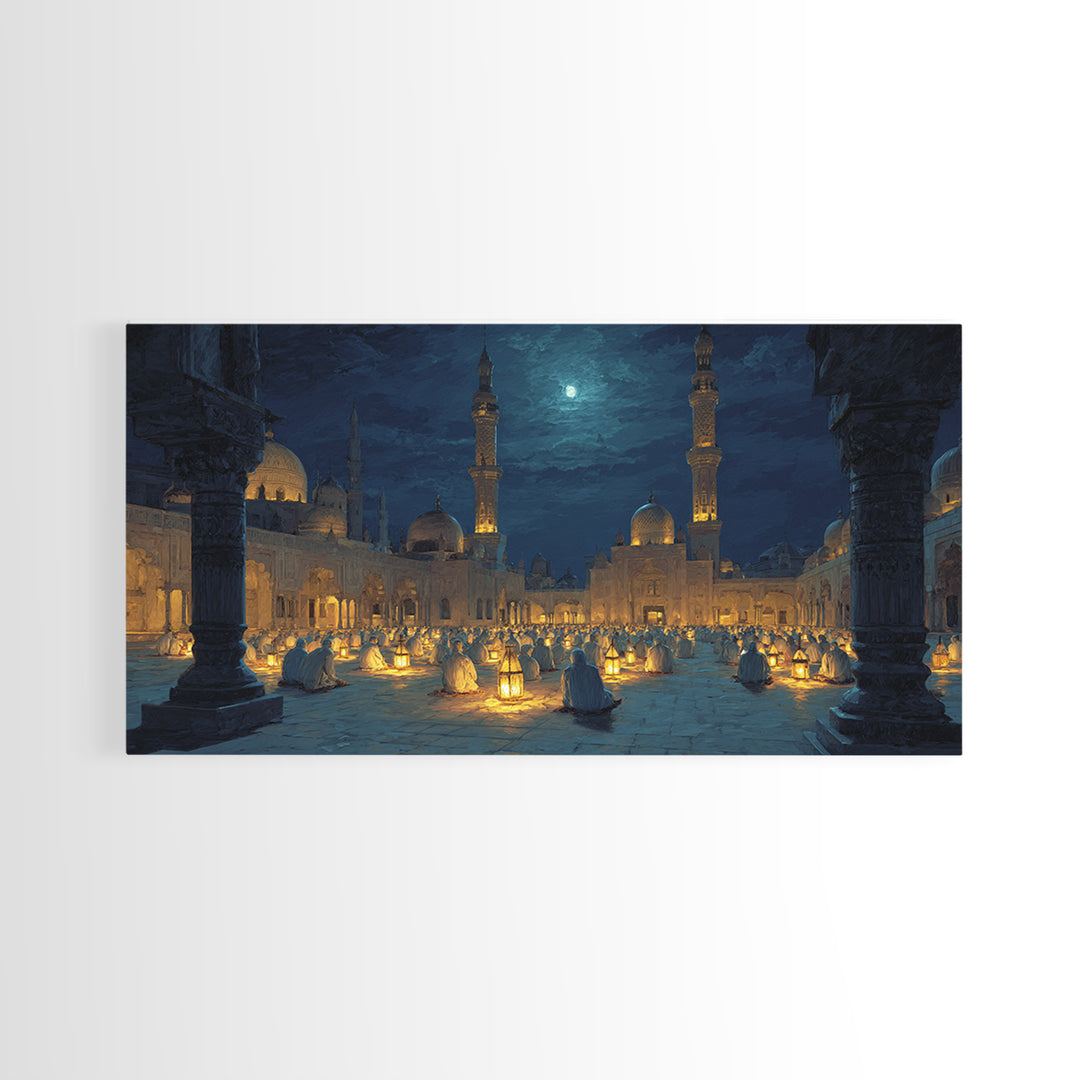 Moonlit Mosque Courtyard With Lanterns Canvas Print, Islamic Wall Art, Prayer Room Decor And Ramadan Gift Idea For Serene Home Decor