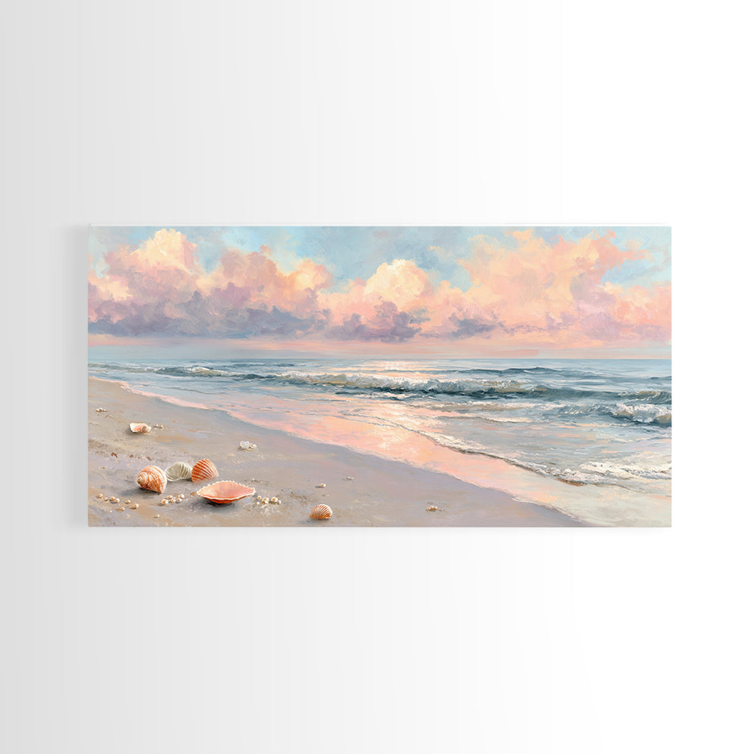 Pastel Ocean Beach Seascape Canvas Print, Coastal Wall Art, Shells And Waves Decor, Beach House Living Room Wall Decor, Gift For Her