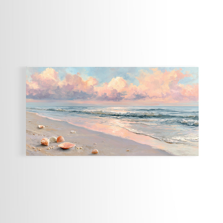 Pastel Ocean Beach Seascape Canvas Print, Coastal Wall Art, Shells And Waves Decor, Beach House Living Room Wall Decor, Gift For Her