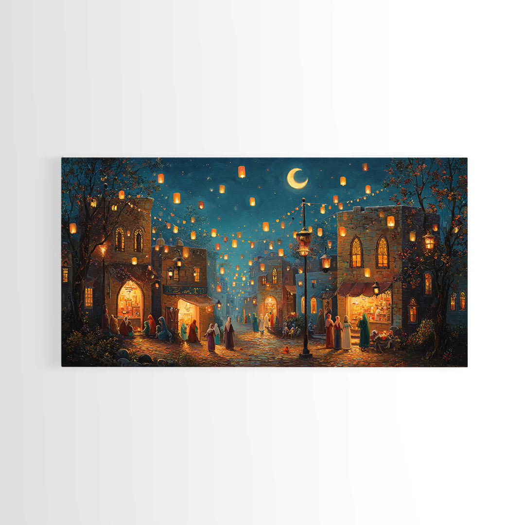 Lantern Lit Old City Bazaar Canvas Print, Crescent Moon Islamic Wall Art, Moroccan Night Market Decor And Ramadan Gift For Home Decor