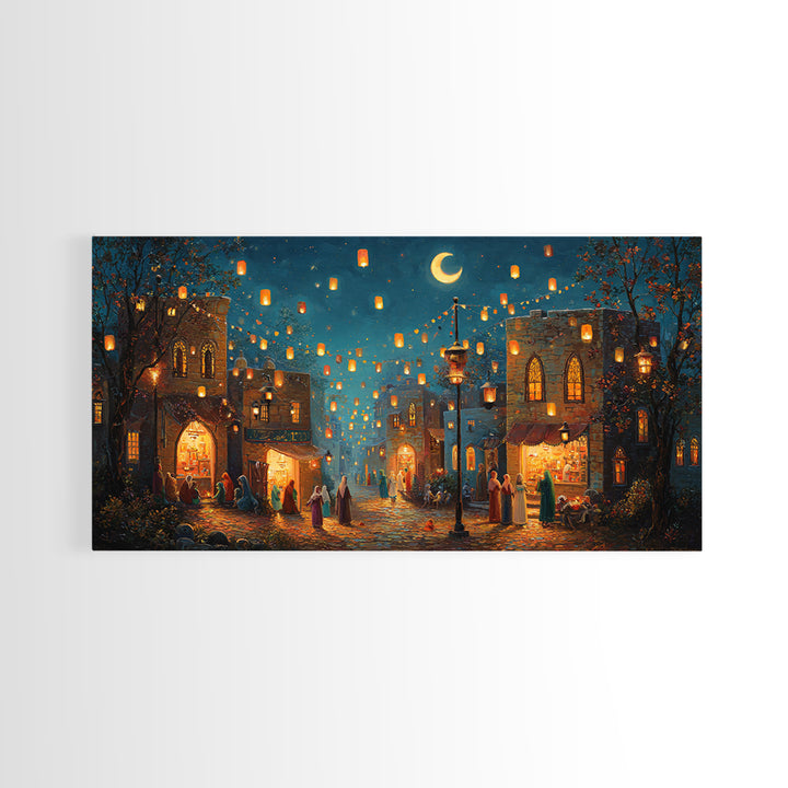 Lantern Lit Old City Bazaar Canvas Print, Crescent Moon Islamic Wall Art, Moroccan Night Market Decor And Ramadan Gift For Home Decor