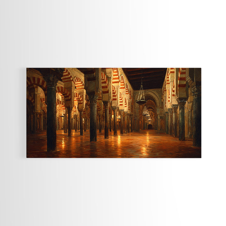 Ornate Islamic Arch Hall Wall Art, Mosque Interior Canvas Print, Moorish Architecture Decor, Warm Historical Home Wall Decor