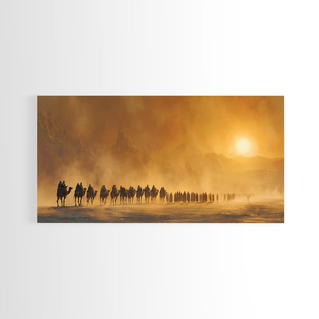 Desert Caravan At Golden Sunset Canvas Print, Western Wall Art, Southwestern Decor, Travel Poster, Warm Earth Tone Decor