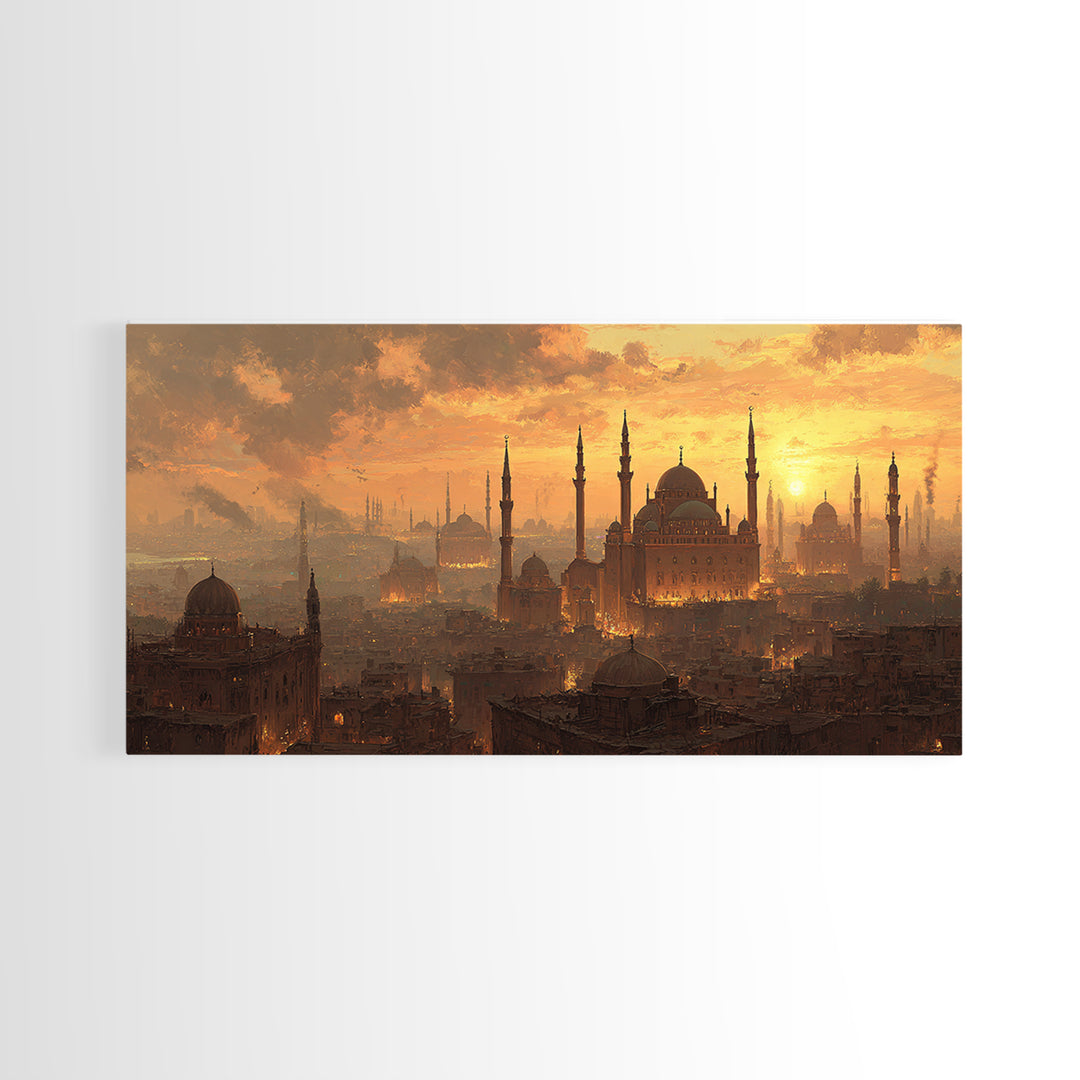 Golden Istanbul Mosque Skyline Wall Art, Islamic Architecture Canvas Print, Sunset Cityscape, Travel Inspired Living Room Decor
