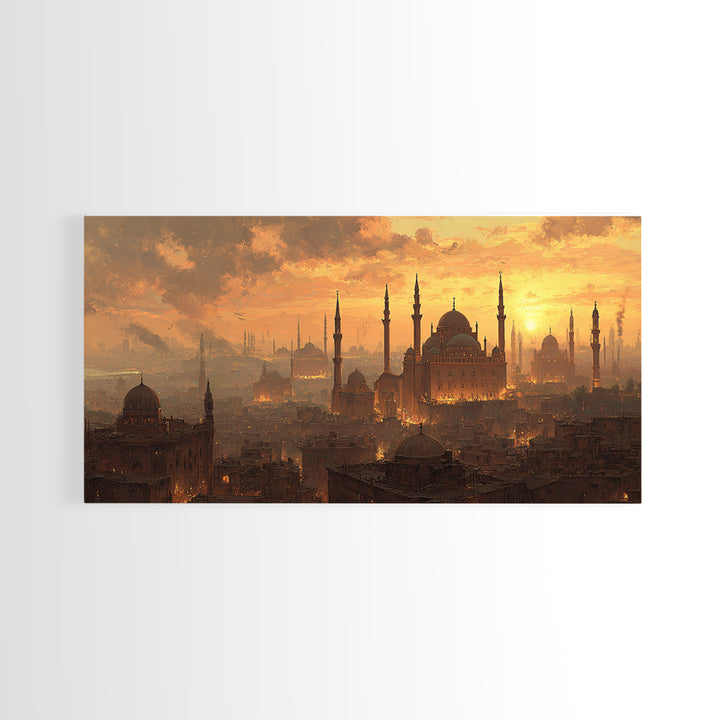 Golden Istanbul Mosque Skyline Wall Art, Islamic Architecture Canvas Print, Sunset Cityscape, Travel Inspired Living Room Decor