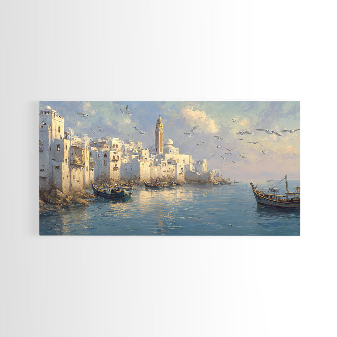 White Mediterranean Harbor With Boats And Seagulls Canvas Print, Coastal Wall Art, Italy Travel Poster, Living Room Decor
