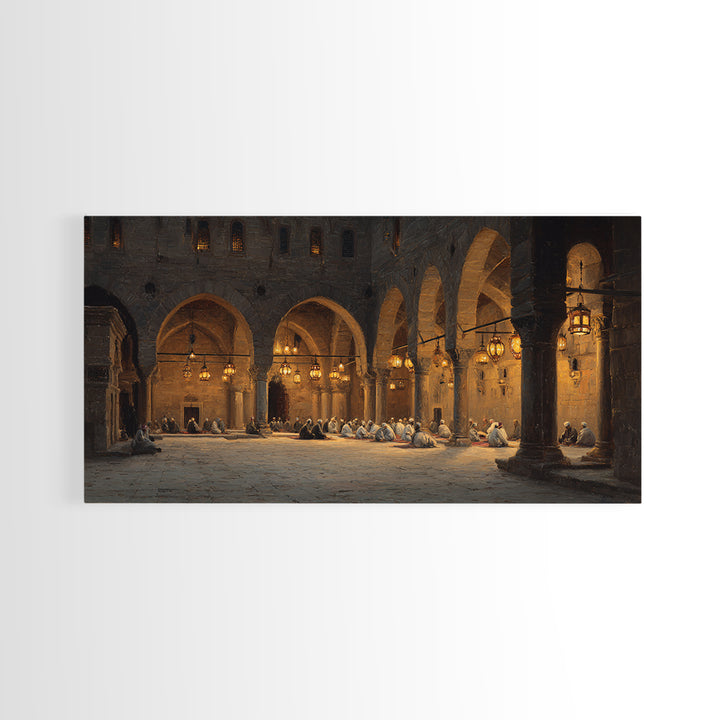 Candlelit Stone Arcade Prayer Scene Wall Art, Islamic Architecture Print, Moody Historic Decor, Large Framed Canvas, Living Room Decor