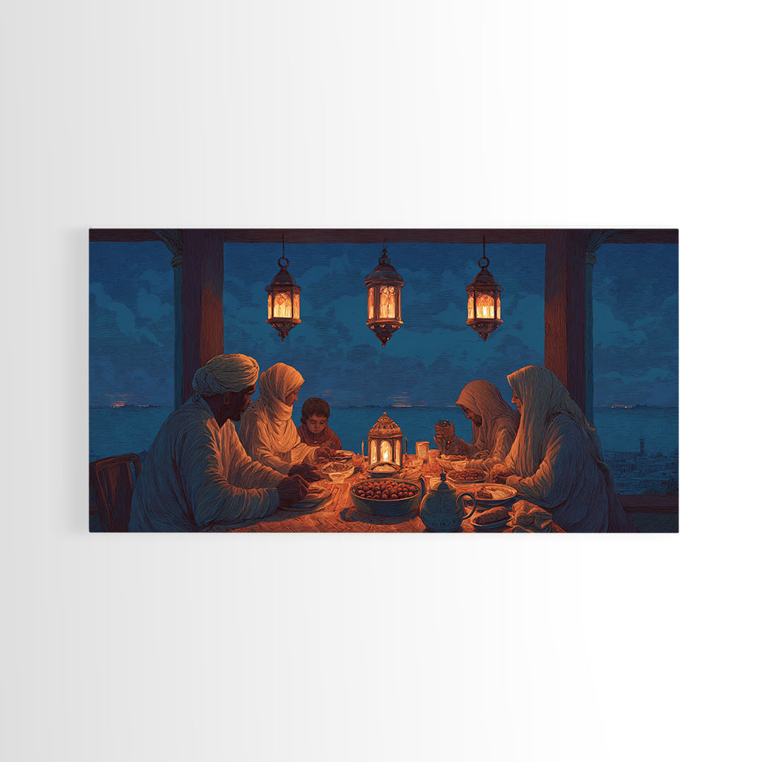 Ramadan Family Iftar By Lantern Light Wall Art, Islamic Canvas Print, Warm Spiritual Decor For Dining Room And Home, Prayer Room