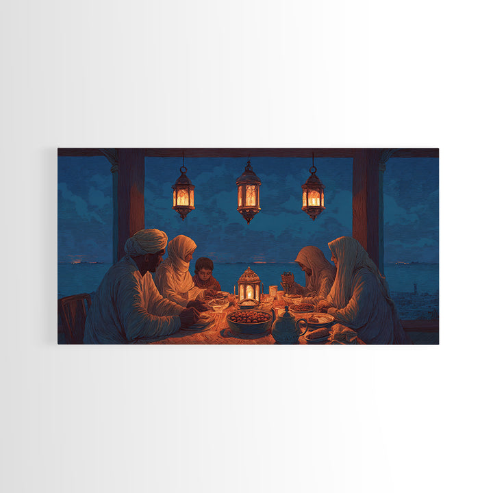 Ramadan Family Iftar By Lantern Light Wall Art, Islamic Canvas Print, Warm Spiritual Decor For Dining Room And Home, Prayer Room