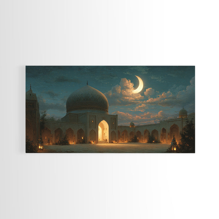 Crescent Moon Mosque Courtyard Framed Canvas Print, Islamic Wall Art, Ramadan Decor, Arabic Architecture Gift For Prayer Room Decor